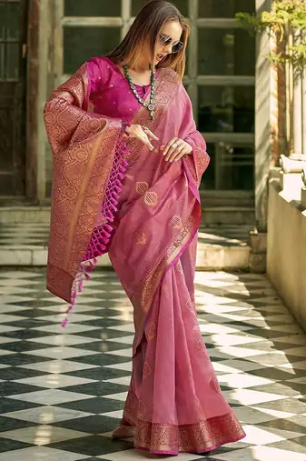 pink women woven design zari silk blend kanjeevaram saree