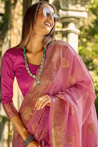pink women woven design zari silk blend kanjeevaram saree