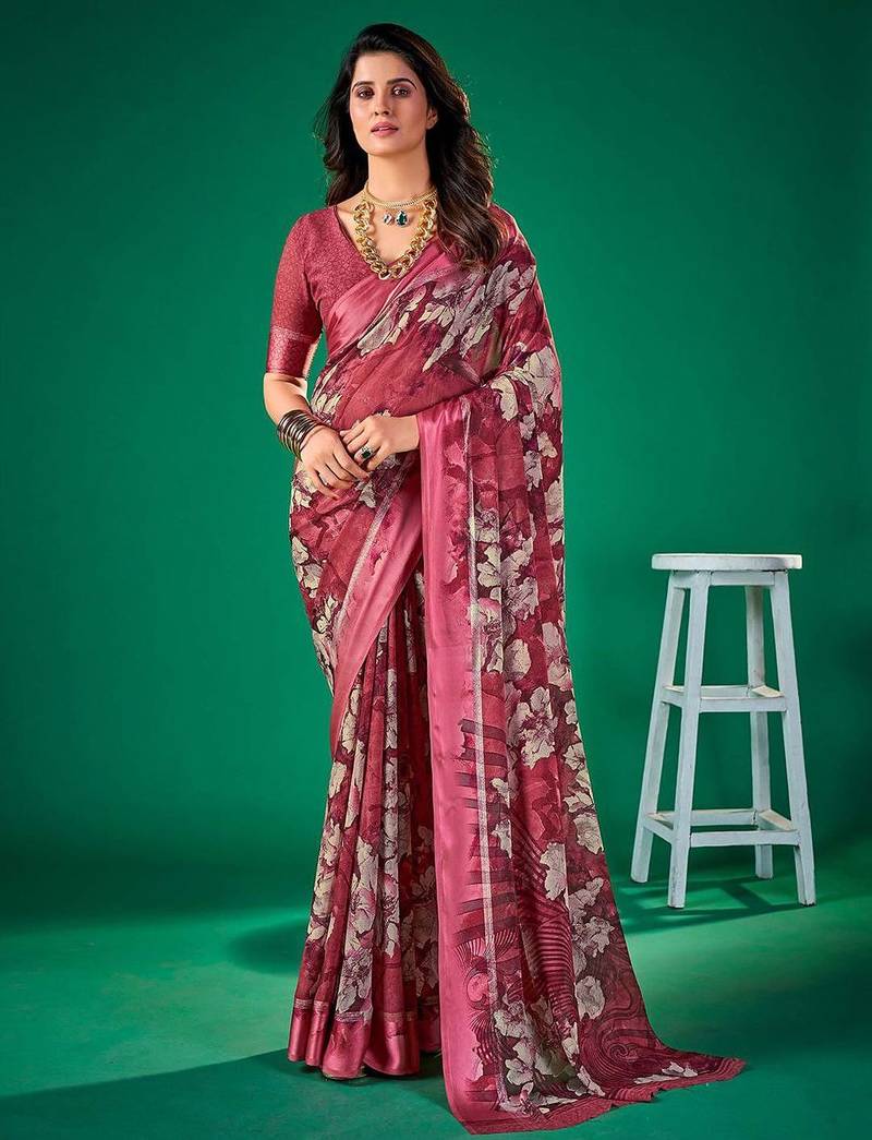 mauve floral pure chiffon muga saree