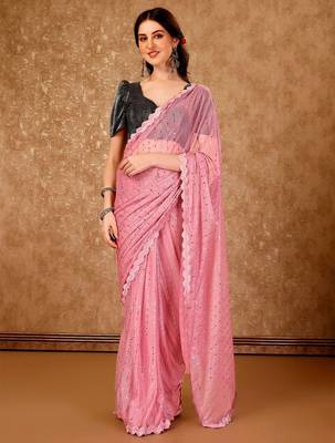 peach embellished mirror work saree 1