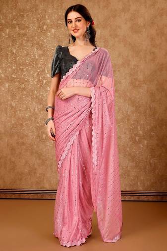 peach embellished mirror work saree