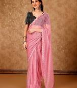 peach embellished mirror work saree