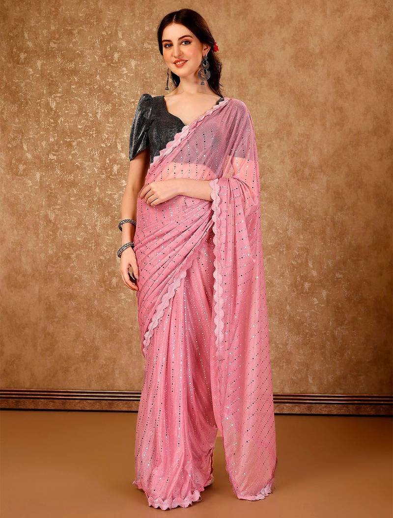 peach embellished mirror work saree