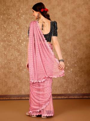 peach embellished mirror work saree 3