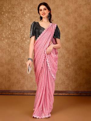 peach embellished mirror work saree 4