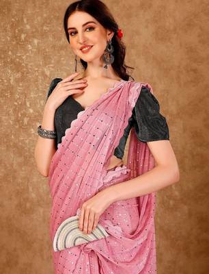 peach embellished mirror work saree 5