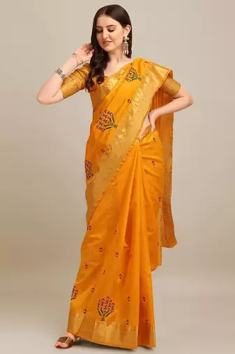 yellow yellow floral embroidered zari saree