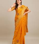 yellow yellow floral embroidered zari saree
