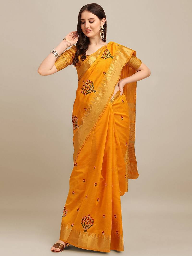 yellow yellow floral embroidered zari saree