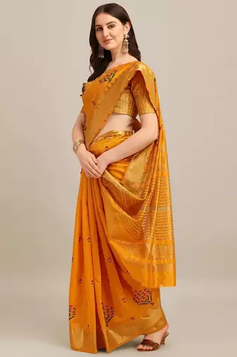 yellow yellow floral embroidered zari saree