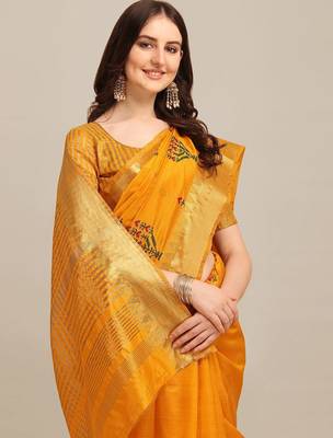 yellow yellow floral embroidered zari saree 4