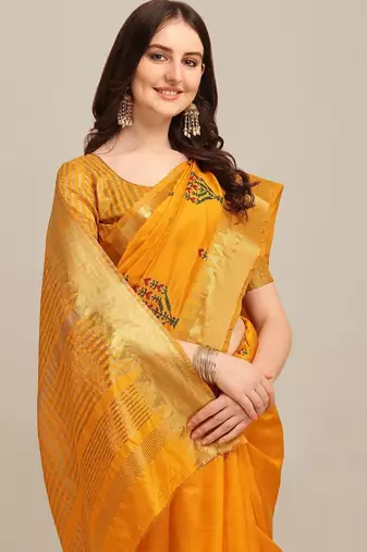 yellow yellow floral embroidered zari saree