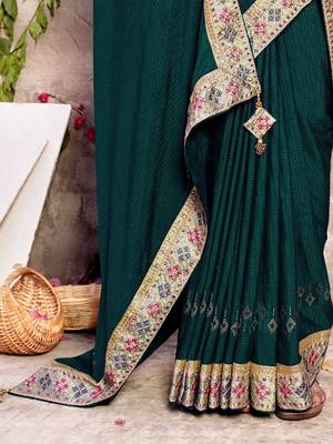 teal embroidered silk blend saree 3