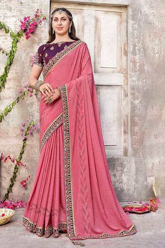 pink pink & brown ethnic motifs woven design beads & stones saree