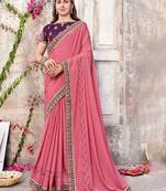 pink pink & brown ethnic motifs woven design beads & stones saree