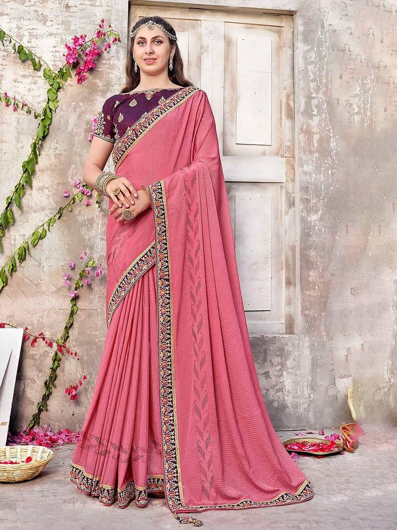 pink pink & brown ethnic motifs woven design beads & stones saree