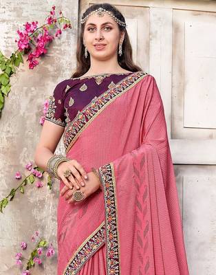 pink pink & brown ethnic motifs woven design beads & stones saree 2