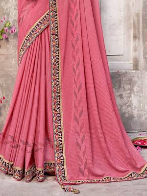 pink pink & brown ethnic motifs woven design beads & stones saree 3