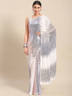 white embellished sequinned georgette saree 1