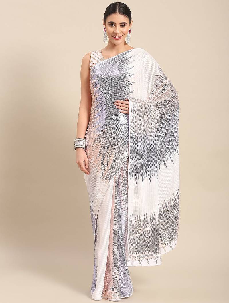 white embellished sequinned georgette saree