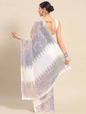 white embellished sequinned georgette saree 2