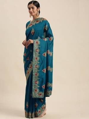 teal teal blue ethnic motifs silk blend saree 1