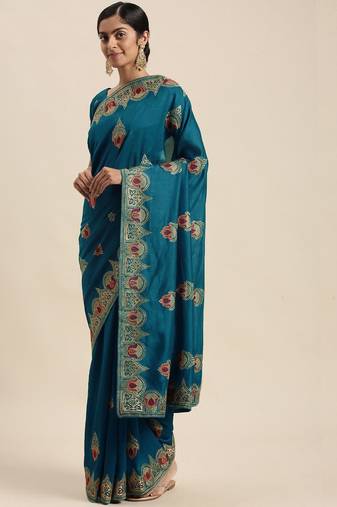 teal teal blue ethnic motifs silk blend saree