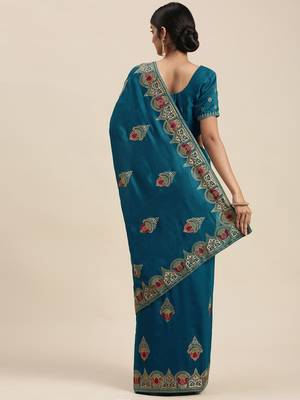 teal teal blue ethnic motifs silk blend saree 2