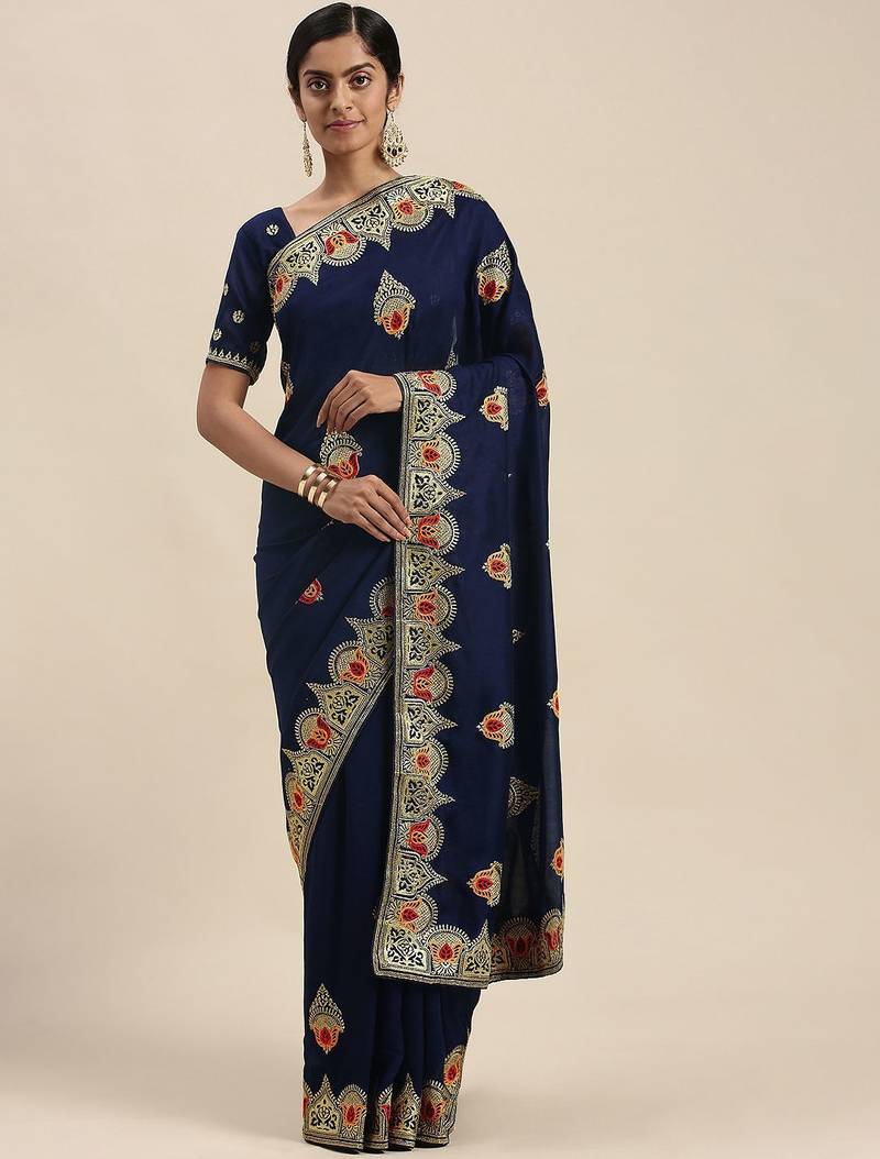 navy_blue navy blue vichitra ethnic motifs embroidered silk blend saree