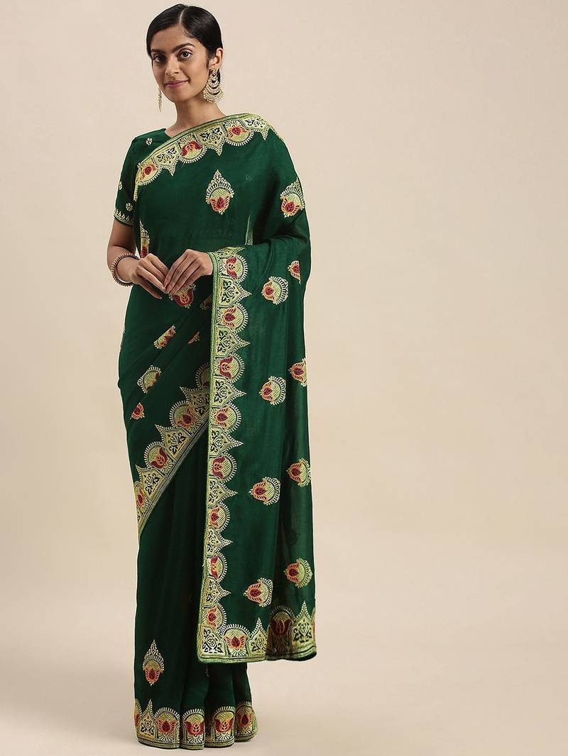 green green ethnic motifs embroidered silk blend saree