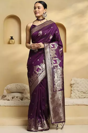 purple ethnic motifs woven design zari banarasi saree