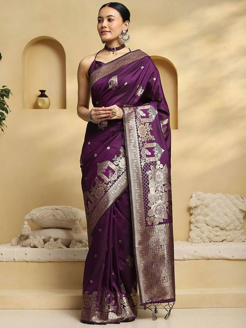 purple ethnic motifs woven design zari banarasi saree