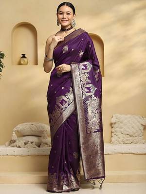 purple ethnic motifs woven design zari banarasi saree 2