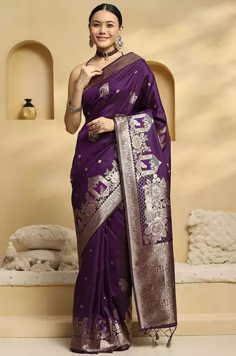 purple ethnic motifs woven design zari banarasi saree