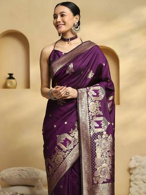 purple ethnic motifs woven design zari banarasi saree 4