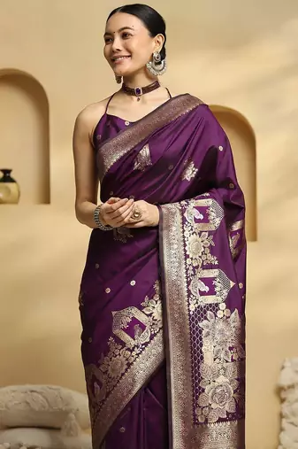 purple ethnic motifs woven design zari banarasi saree