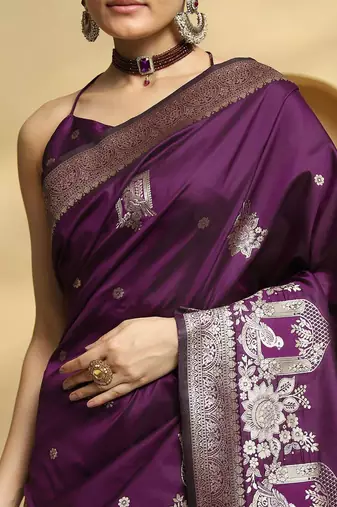 purple ethnic motifs woven design zari banarasi saree