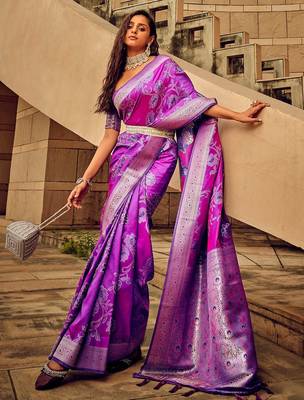 magenta woven design zari satin banarasi saree 1