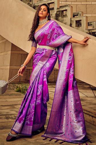 magenta woven design zari satin banarasi saree