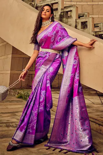 magenta woven design zari satin banarasi saree