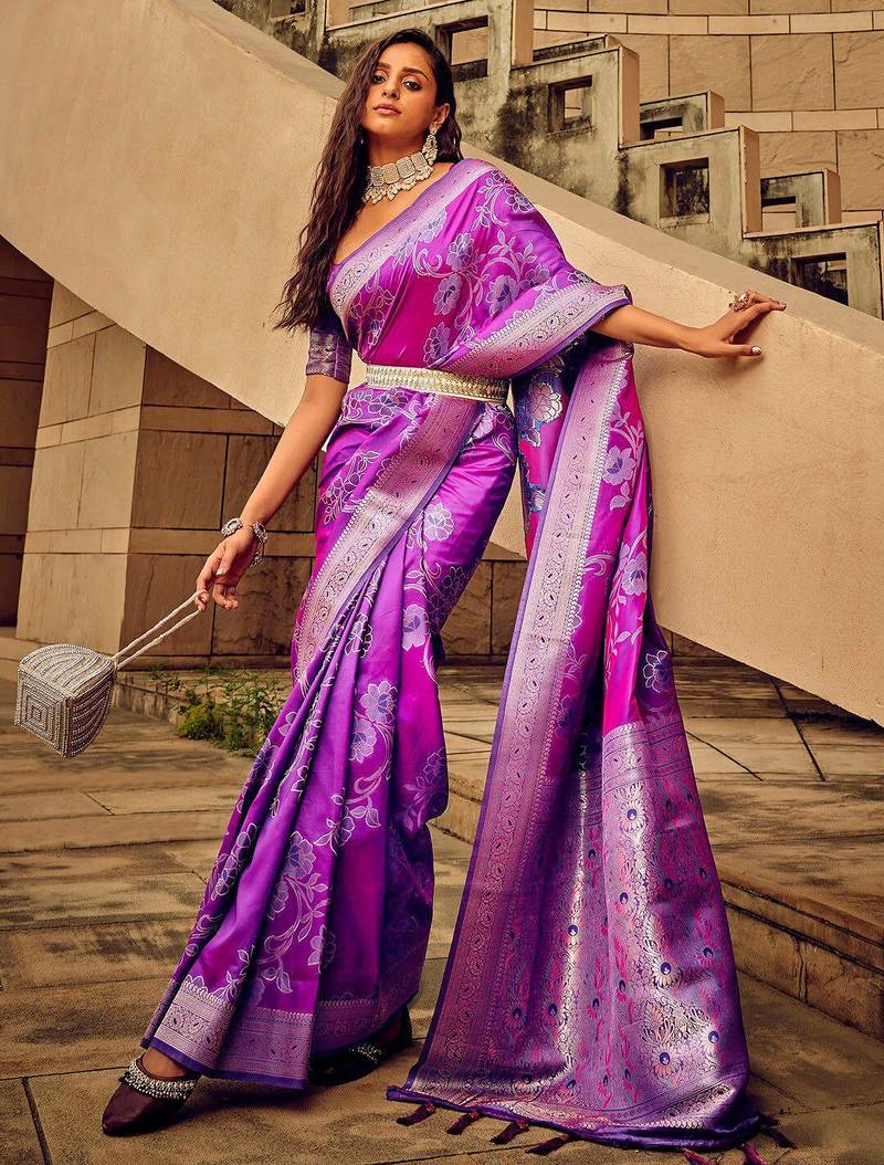 magenta woven design zari satin banarasi saree