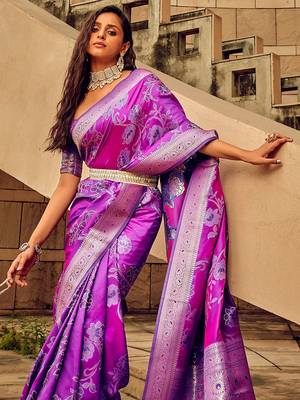 magenta woven design zari satin banarasi saree 2