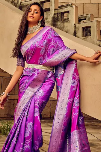 magenta woven design zari satin banarasi saree