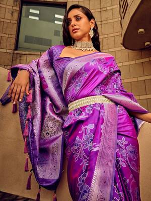 magenta woven design zari satin banarasi saree 3