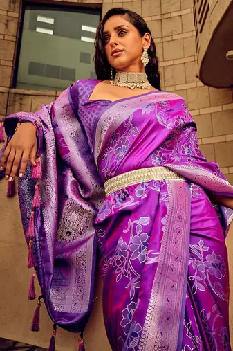 magenta woven design zari satin banarasi saree