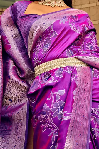 magenta woven design zari satin banarasi saree