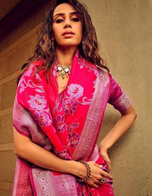 pink ethnic motifs woven design zari satin banarasi saree 1
