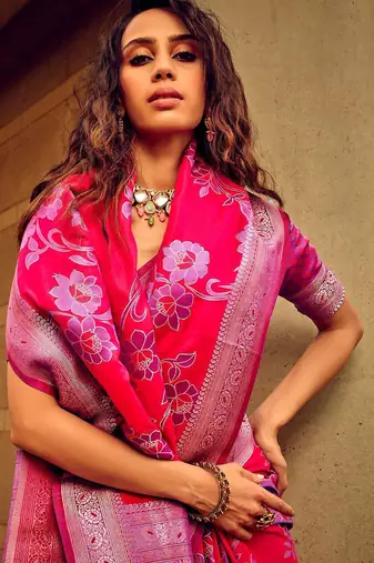 pink ethnic motifs woven design zari satin banarasi saree