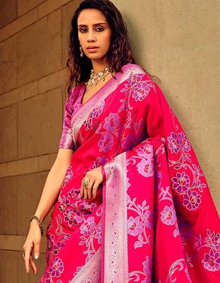 pink ethnic motifs woven design zari satin banarasi saree 2