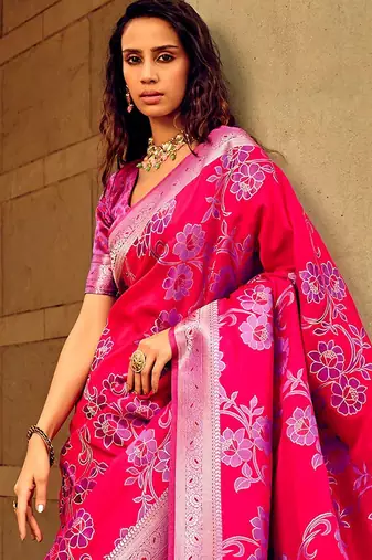 pink ethnic motifs woven design zari satin banarasi saree